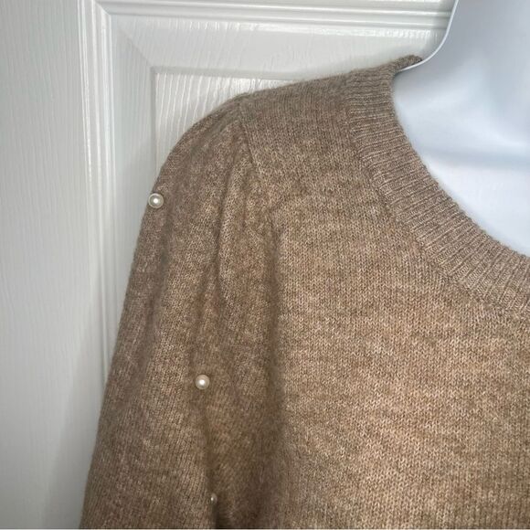 CeCe Tan Crew Neck Pearl Knit Embellished Sweater Long Balloon Sleeves S - Picture 4 of 9